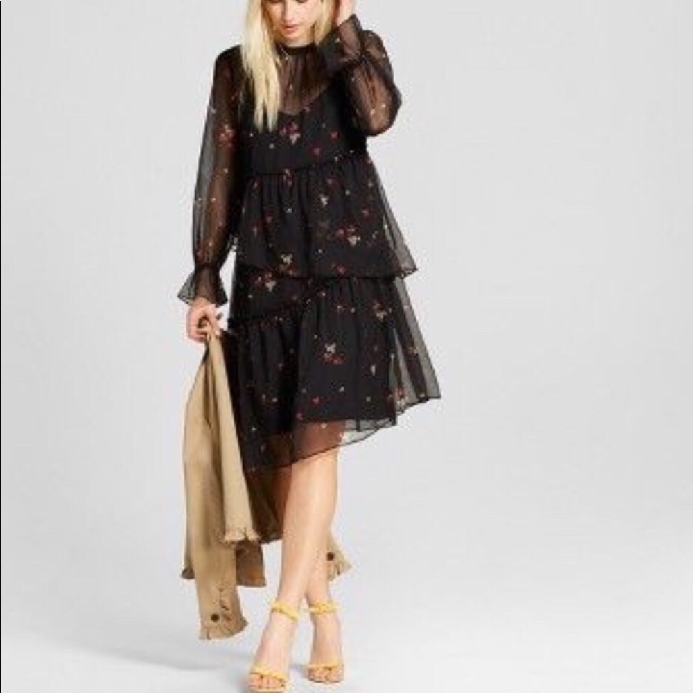 Sheer Black Floral Asymetrical sheer Dress Size XS